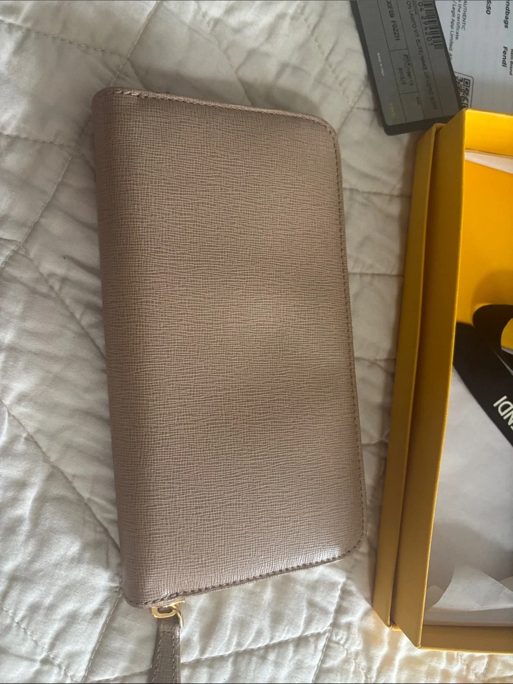 Fendi Taupe Zip-Around Leather Wallet with Gold Hardware